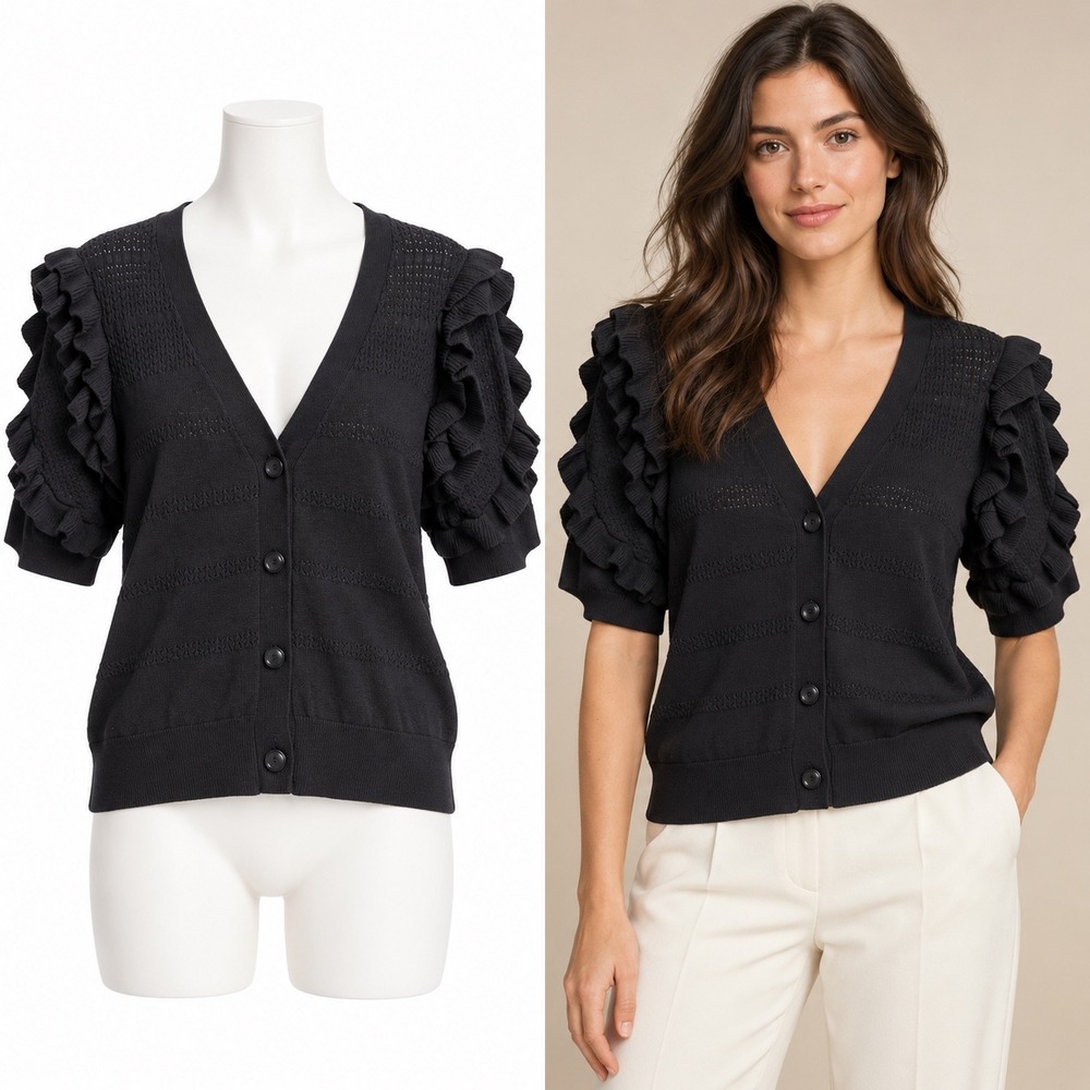 Calligraphie Cardigan Women Medium Black Ruffle Sleeve V-Neck Pointelle Knit Top